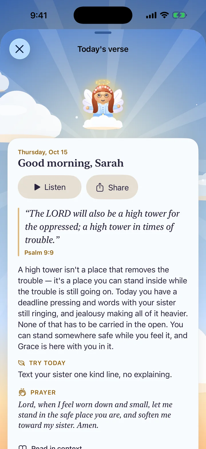 Today's verse in Better Human, Psalm 9:9, with a short reflection, something to try today and a prayer